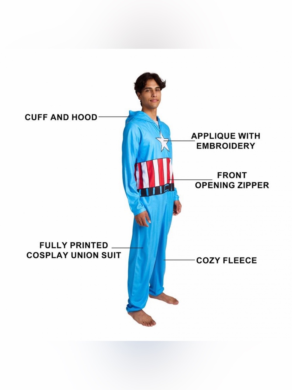Captain America Hero Adult XL Costume Hoodie Onesie - Picture 2 of 8